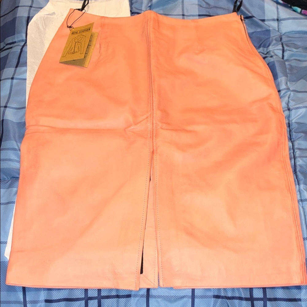 NWT Elegant Pink Real Leather Midi Pencil Skirt with slits XL